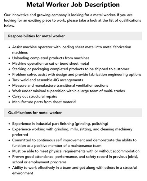 sheet metal fabrication manager job description|sheet metal worker job duties.